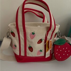 C&C California Red and Cream Canvas Tote with Strawberry Motifs